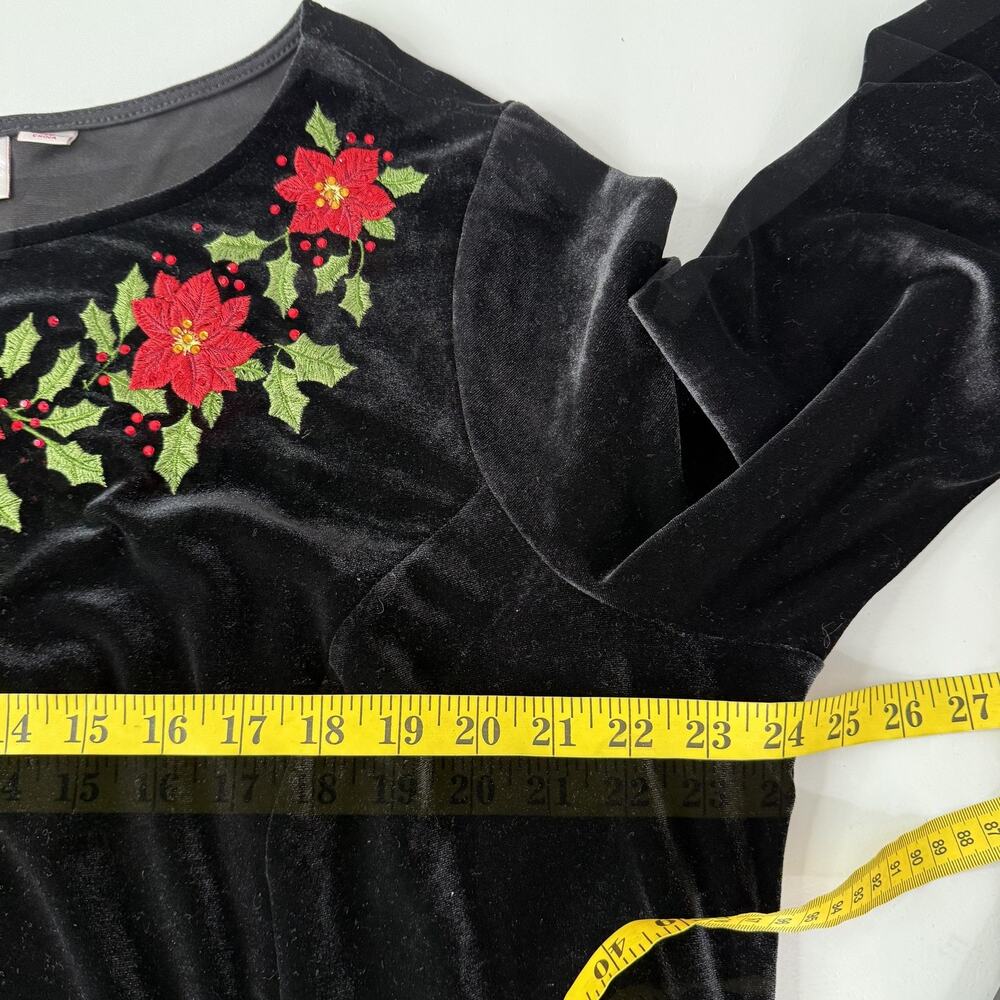 Quacker Factory Velvet Dress Womens 1X Black Red Poinsettia Embroidered Holiday - Picture 8 of 10